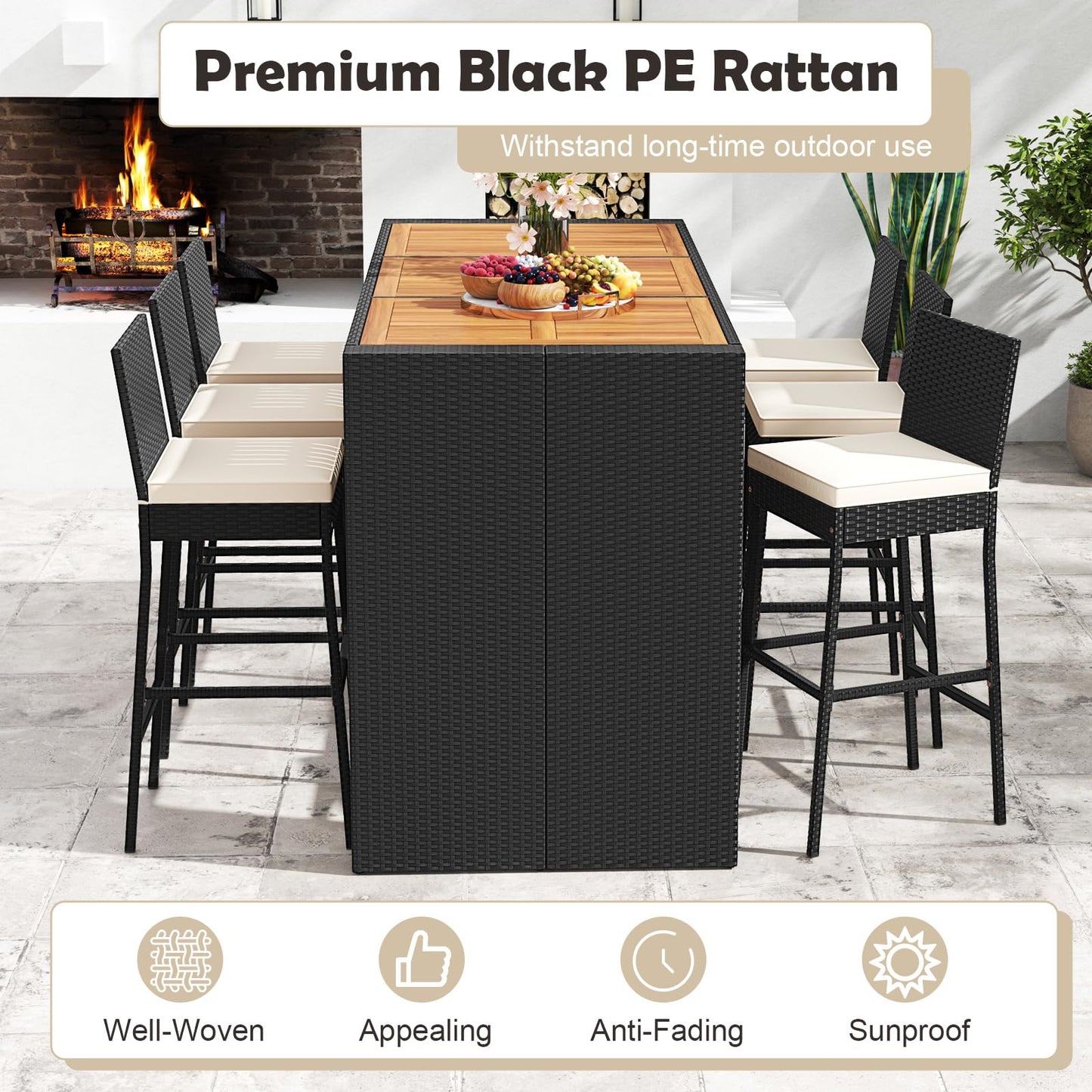Tangkula 7 Piece Patio Wicker Bar Set with Backrest and Footrest