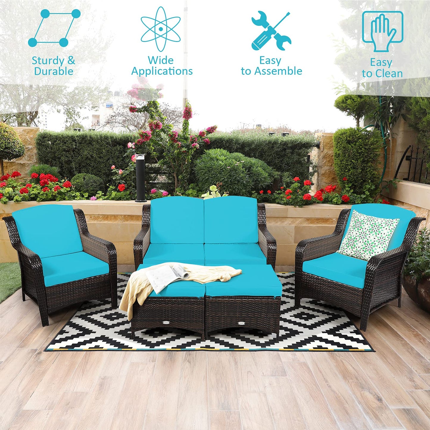 5 Pieces Patio Furniture Set, Outdoor Rattan Conversation Sofa Set with Loveseat