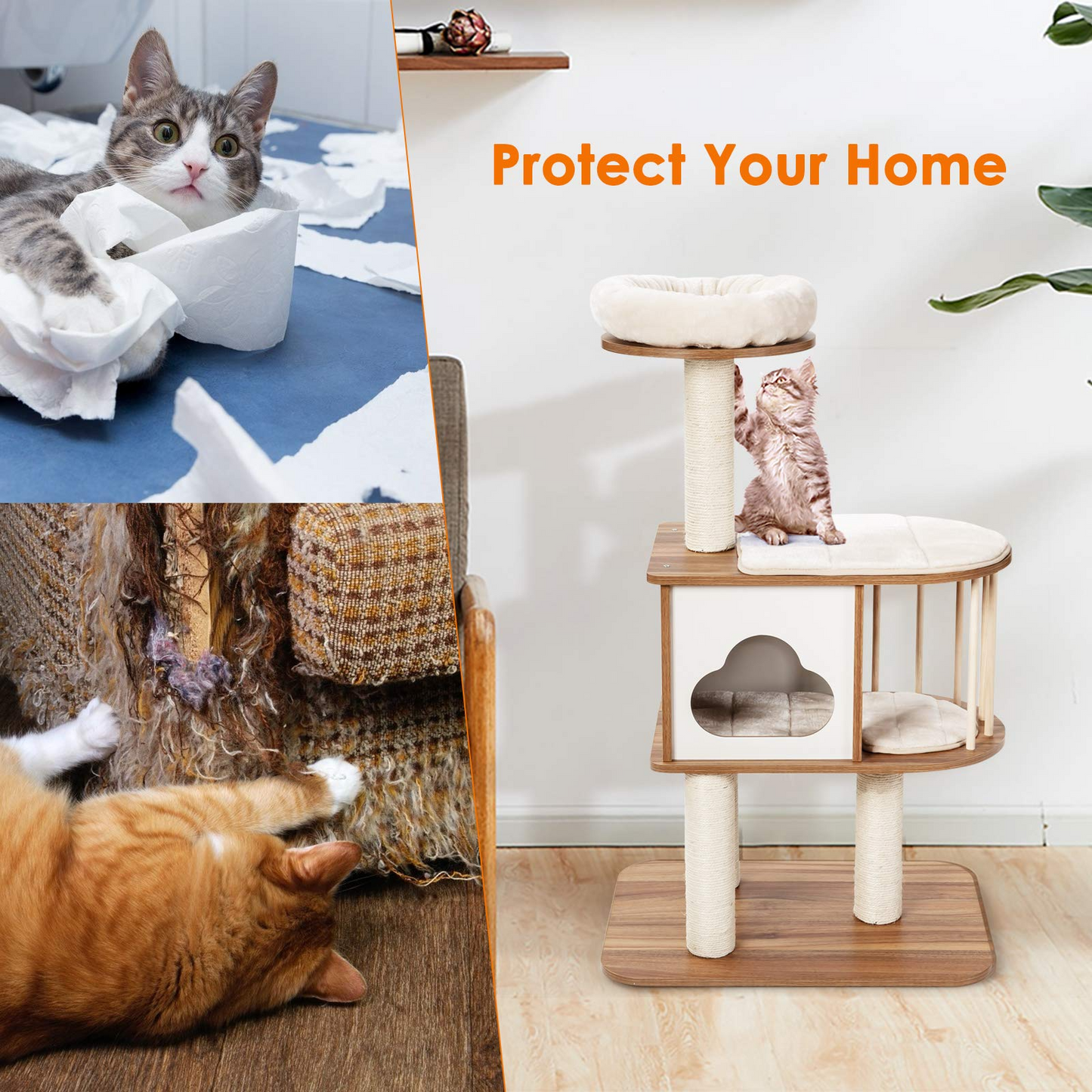 Modern Wood Cat Tree, 46 Inches Cat Tower with Platform - Tangkula