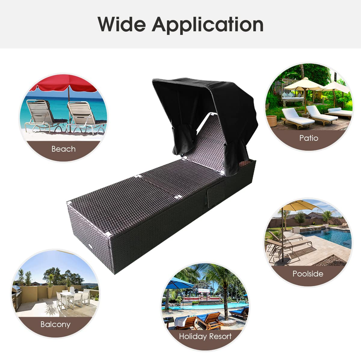 Outdoor Chaise Lounge Chair with Folding Canopy, Adjustable Cushioned Reclining Chair with Flip-up Tea Table