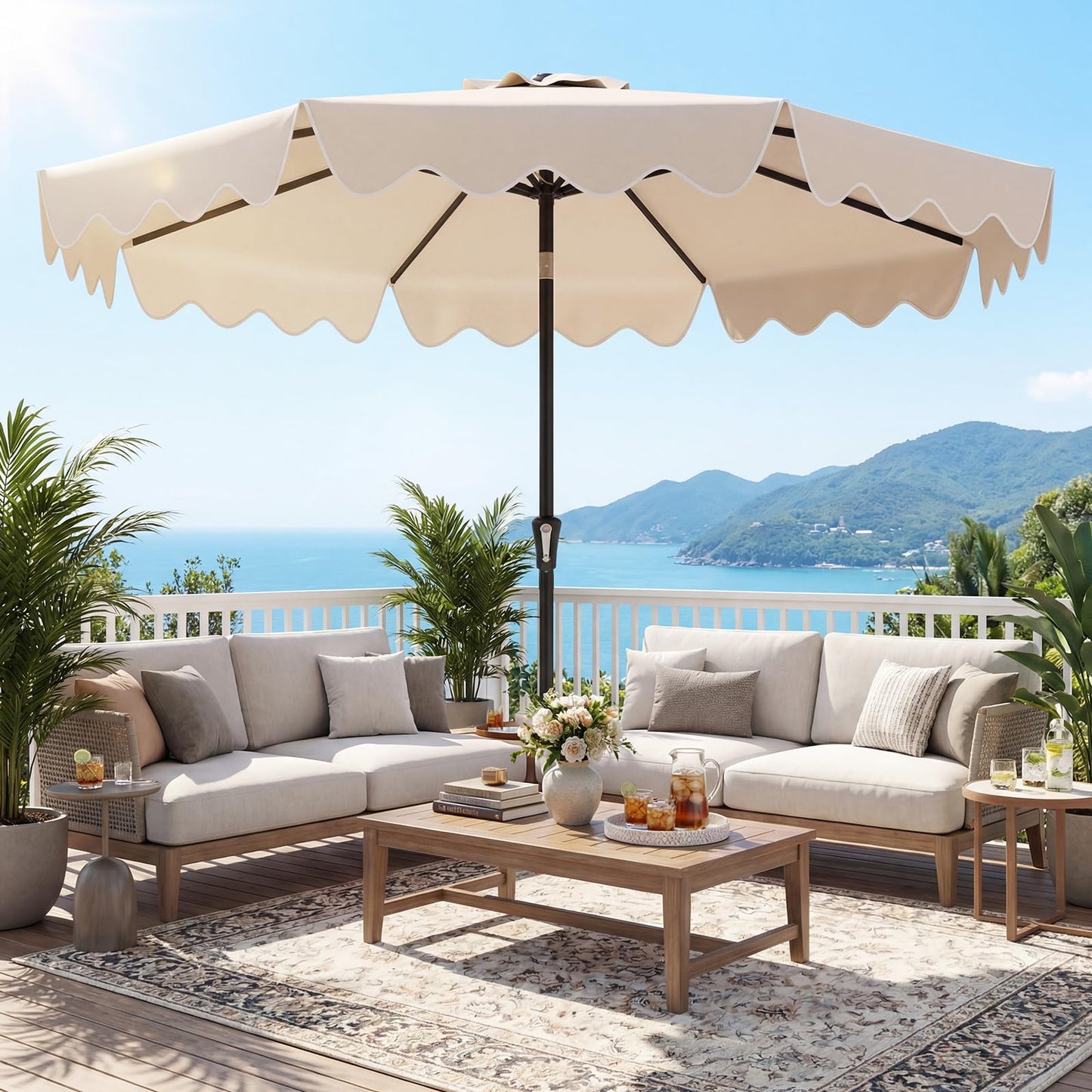 Tangkula 9 FT 2-Tiers Outdoor Scalloped Table Umbrella with Base Included