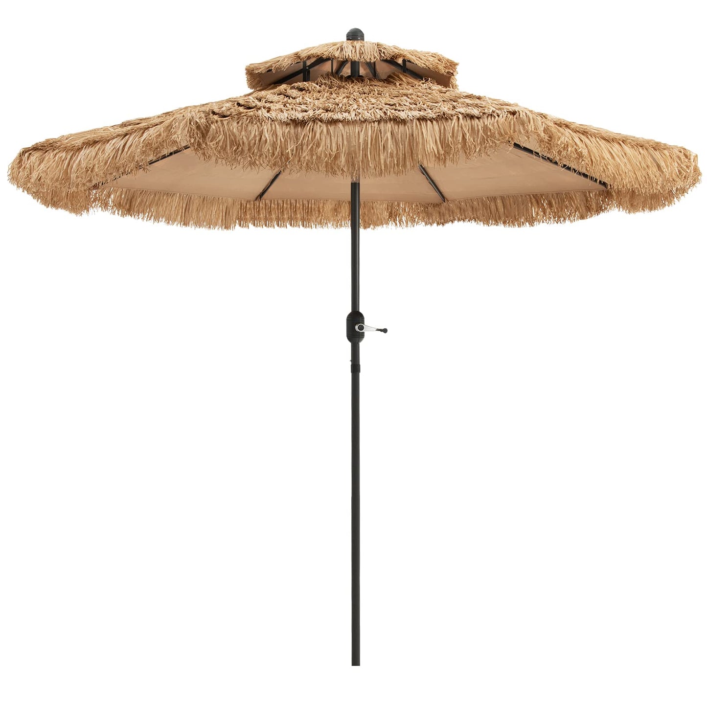 Tangkula 9 ft Thatched Patio Umbrella, 2 Tier Hawaiian Style Grass Beach Umbrella with 8 Ribs