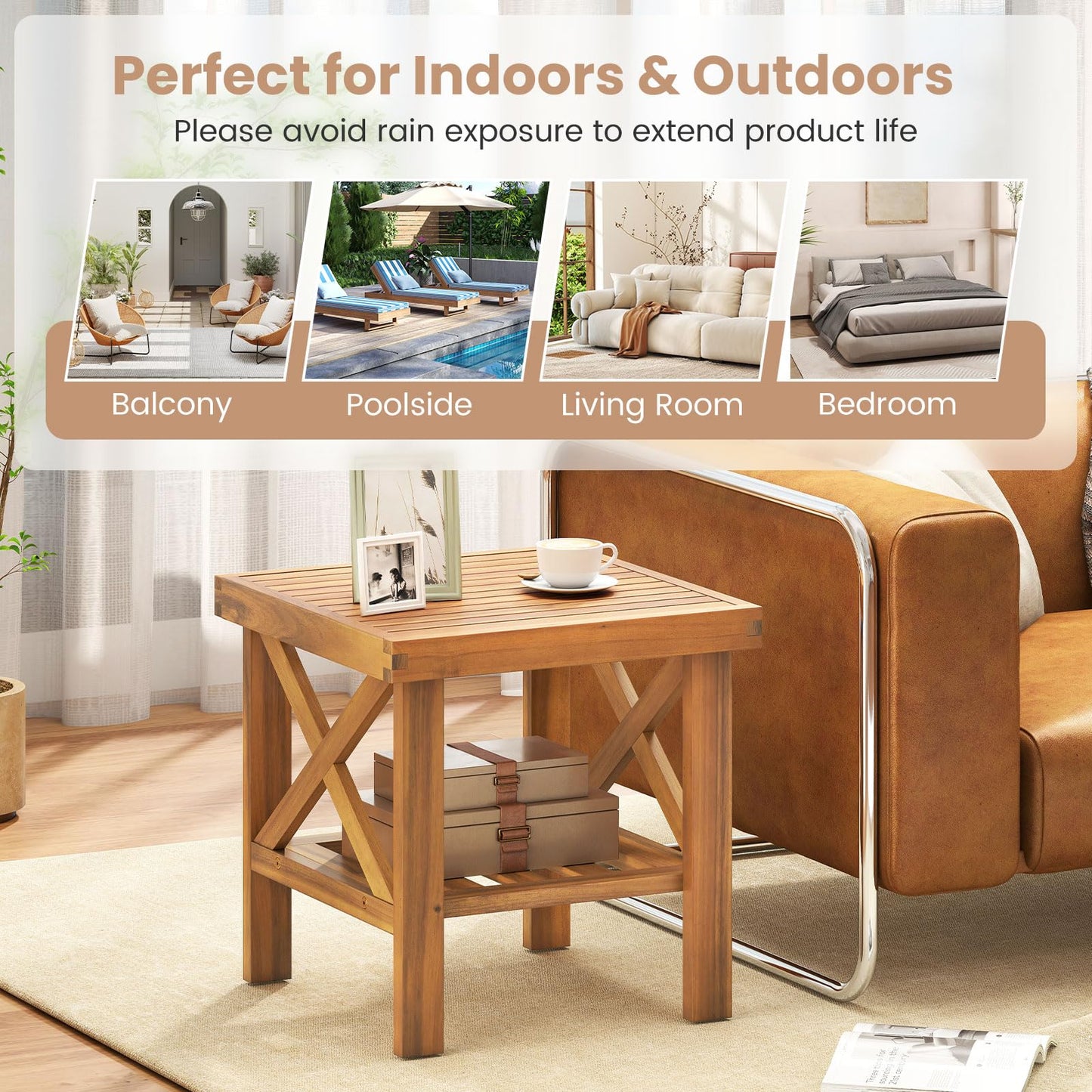 Tangkula Outdoor Side Table with Storage Shelf for Small Space
