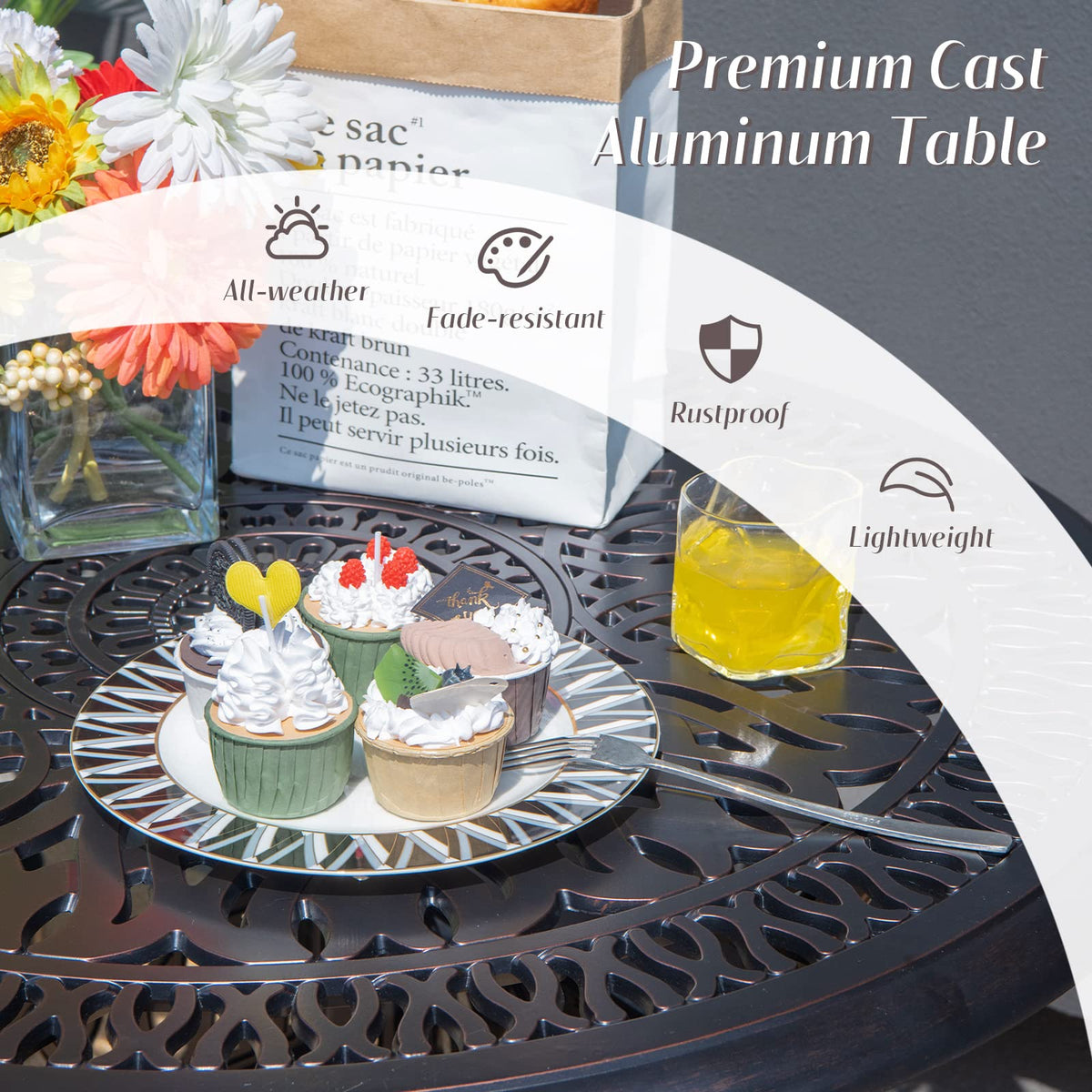 Tangkula Ensemble de bistrot 3 pièces en fonte d'aluminium pour patio, meubles de table et chaises d'extérieur pour porche et balcon