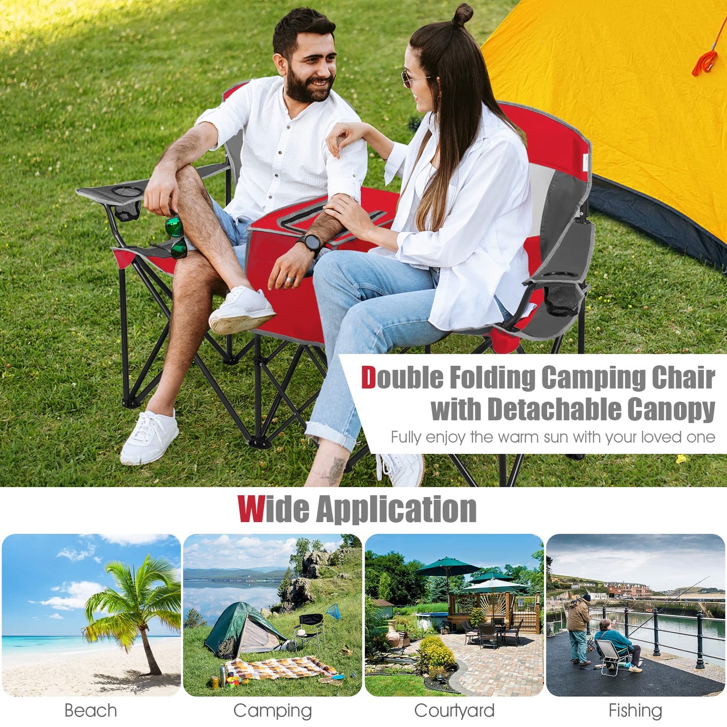 Tangkula Loveseat Camping Chair with Adjustable Shade Canopy