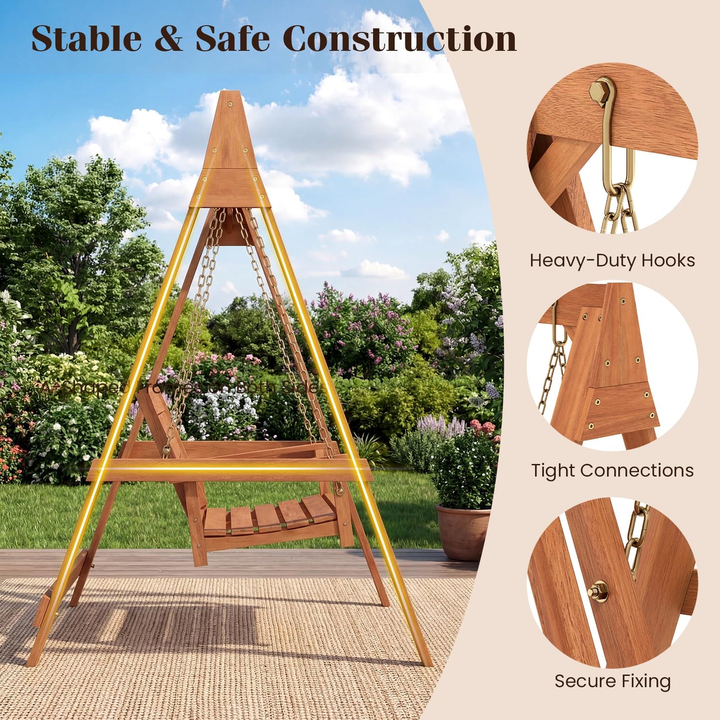 Tangkula 2-Seater Wood Porch Swing with Stand