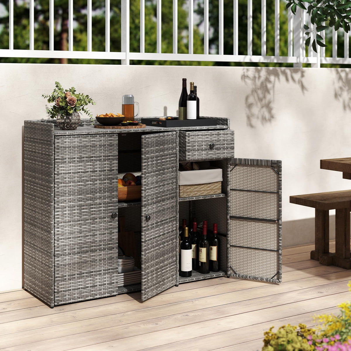 Tangkula Rattan Outdoor Storage Cabinet with 2 Adjustable Shelves