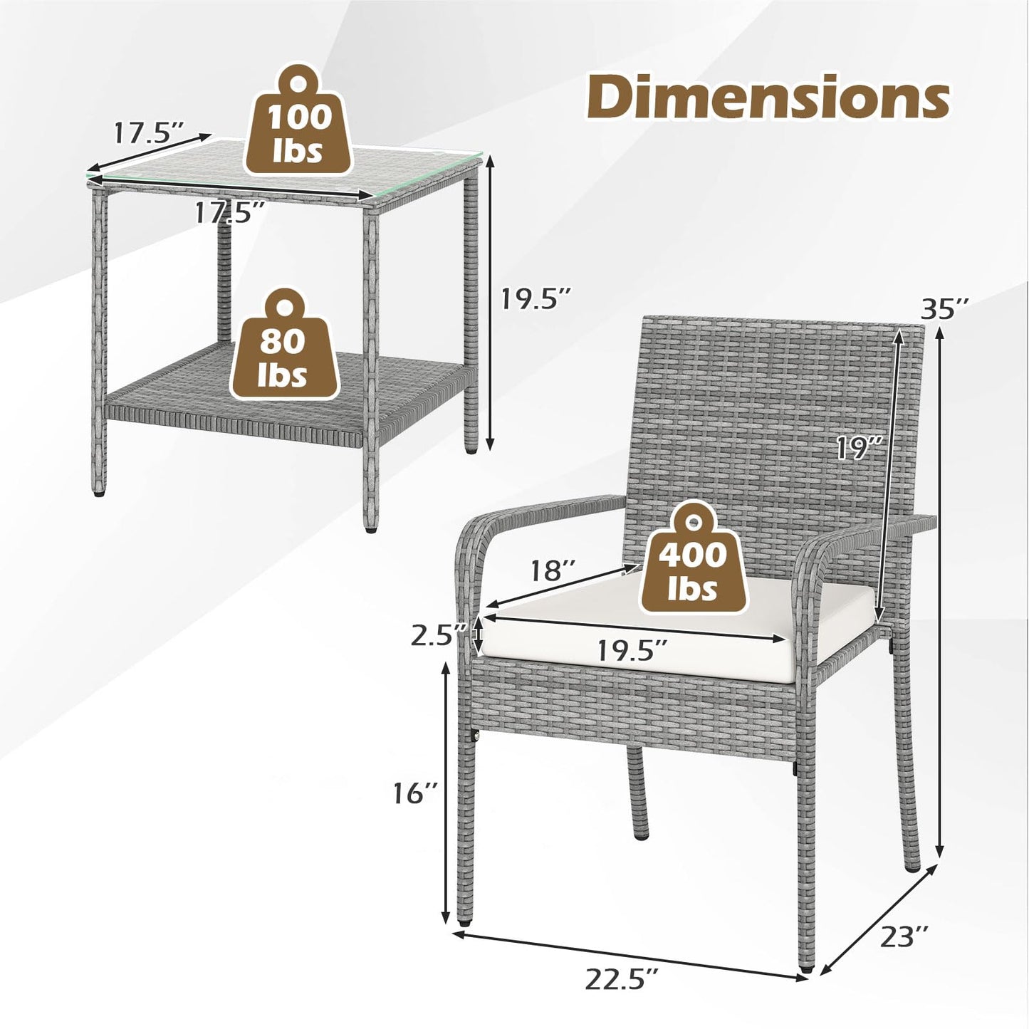 Tangkula 3 Pieces Patio Furniture Set with 2 Tier Tempered Glass Tabletop Table