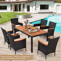 Tangkula 7 PCS Outdoor Dining Set, Patio Conversation Set with Acacia Wood Tabletop, Umbrella Hole, Removable Seat Cushions