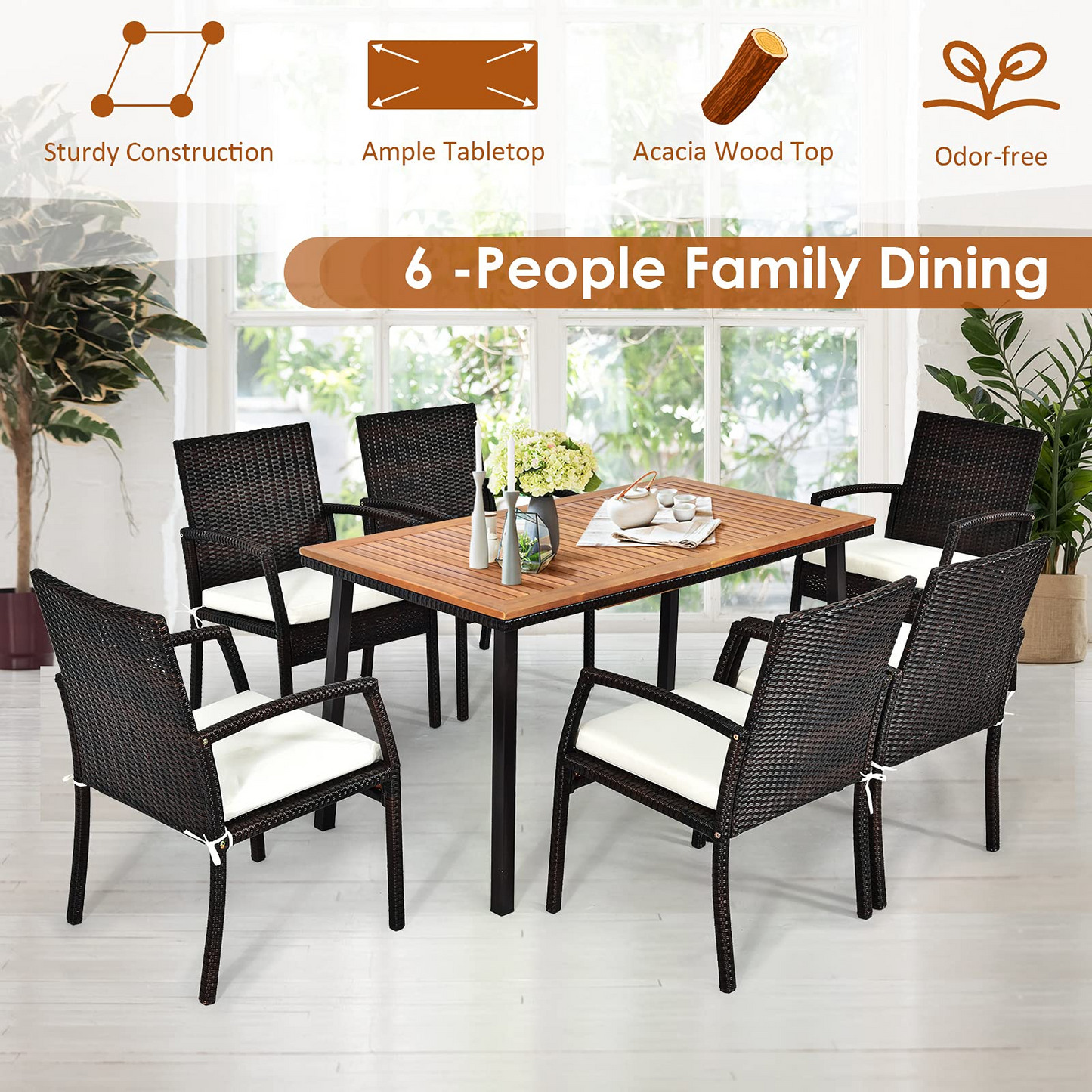 Tangkula Patio Acacia Dining Table, Outdoor Rectangle Dining Table with Acacia Wood Desktop