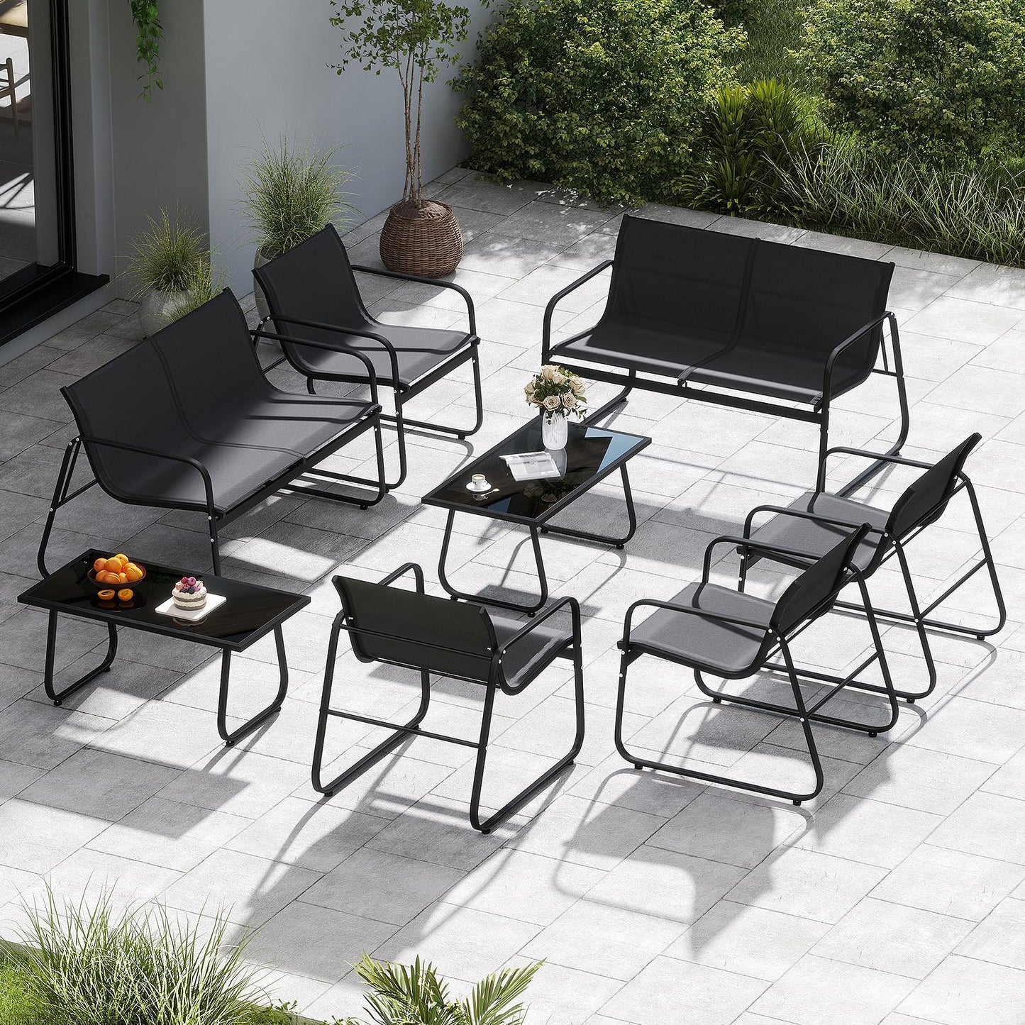 Tangkula 4/8 Piece Patio Furniture Set with Mesh Seat Fabric & Tempered Glass Tabletop