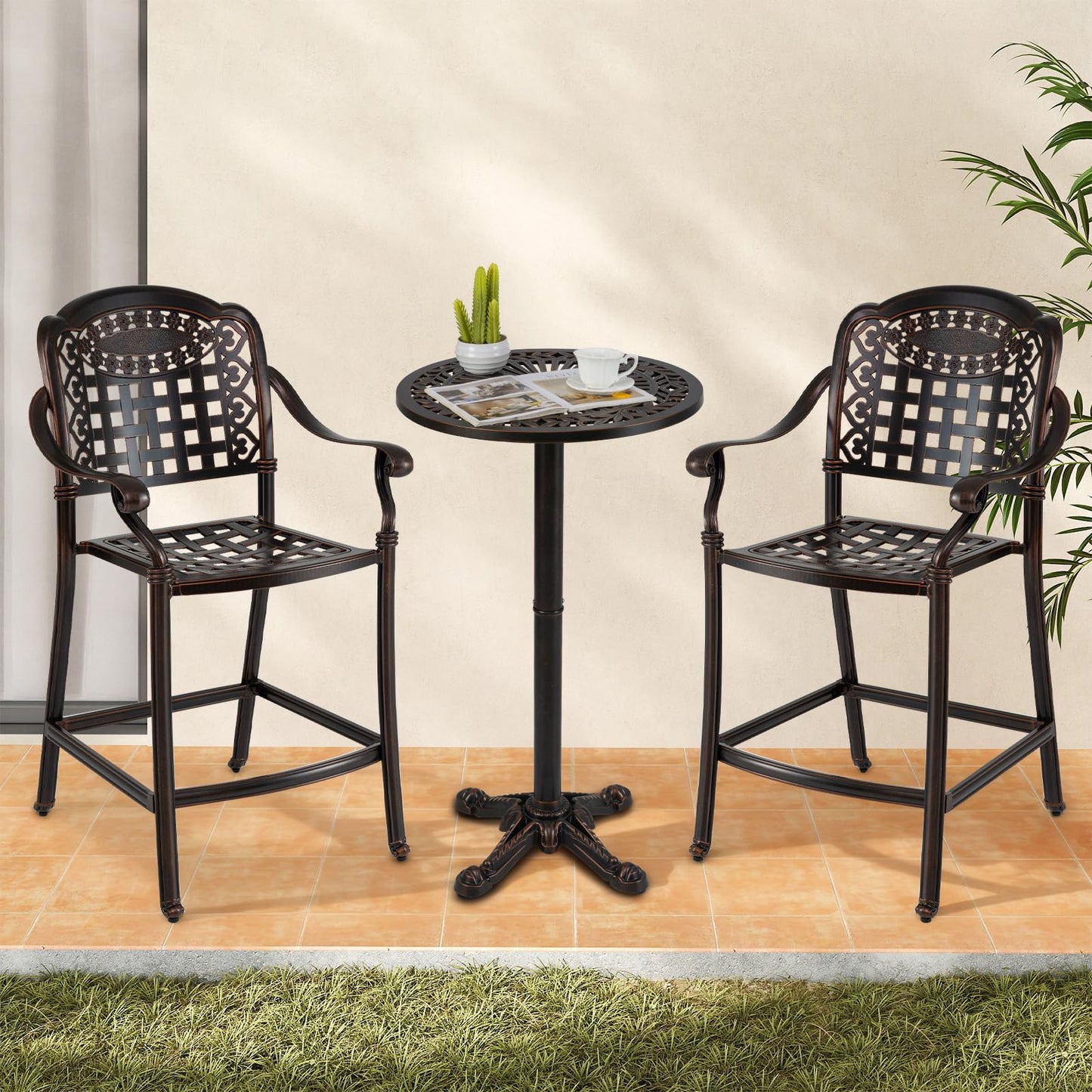 Tangkula 3 Piece Patio Bar Set, Outdoor Cast Aluminum Round High Top Table & 2 Counter Height Bar Stools