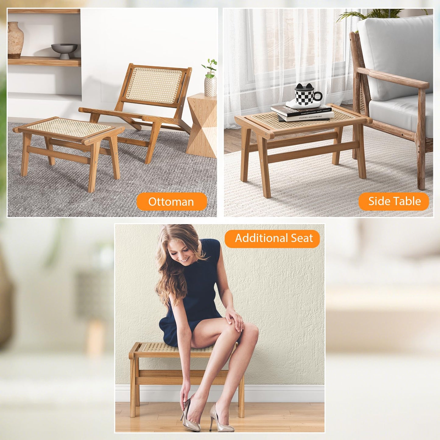 Tangkula Ottoman Footstool, Natural Teak Wooden Foot Rest with Handwoven Rattan