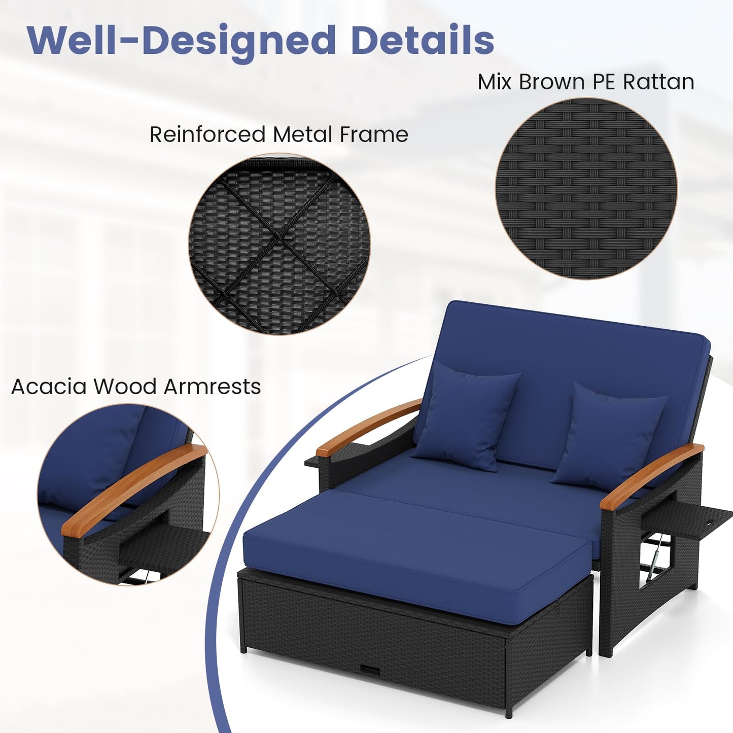 Tangkula Patio Rattan Daybed with 4-Level Adjustable Backrest | Double Sunbed for Yard & Poolside
