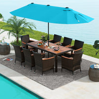 Tangkula 11 Pieces Rattan Outdoor Dining Set with 15Ft Solar Patio Umbrella for 8