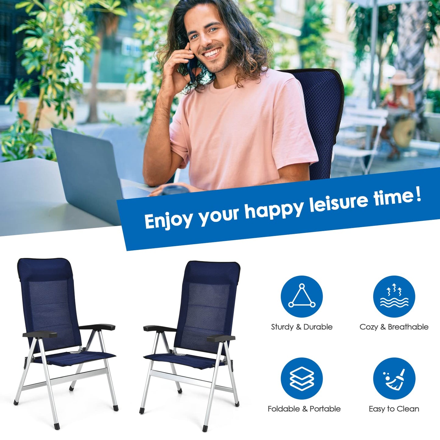 Tangkula Patio Folding Chairs, Portable Reclining Chairs with 7-Position Adjustable Back & Padded Headrest