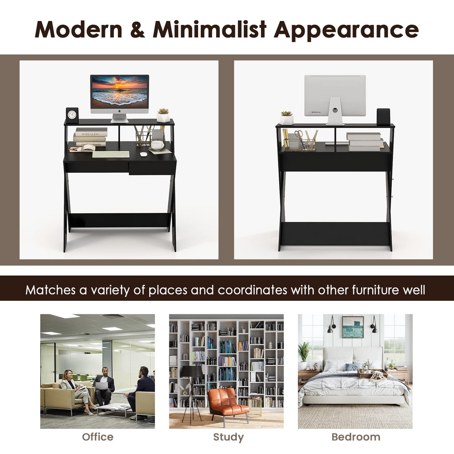 Tangkula Computer Desk with Storage Drawer, Small Writing Desk with Monitor Stand Riser