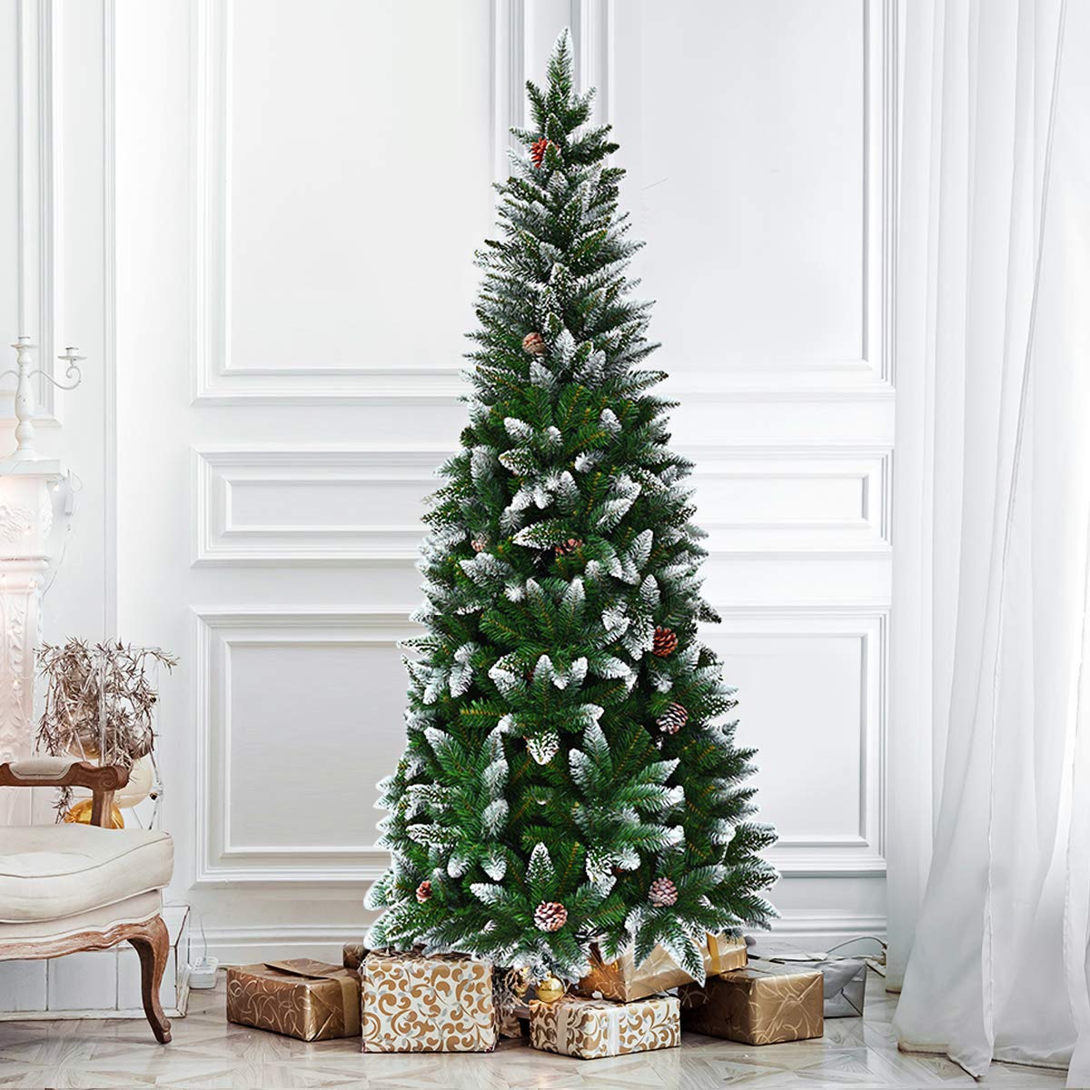 TANGKULA Artificial Pencil Christmas Tree with Pine Cones and Metal Stand