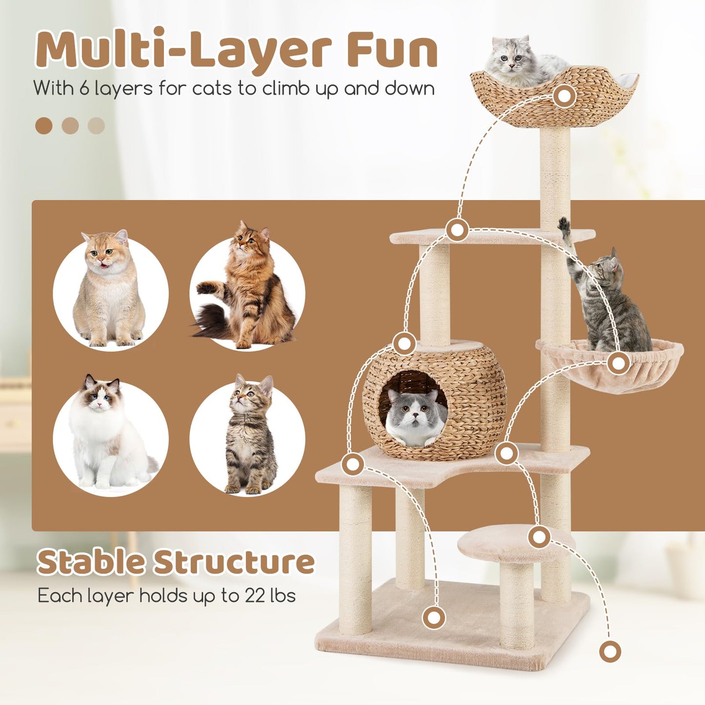 Arbre à chat Tangkula 59 pouces, tour à chat multi-niveaux avec poteaux à gratter en sisal