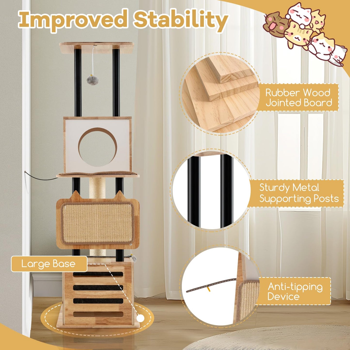 Tangkula Modern Cat Tree, Tall Multi-Level Cat Tower with Double Condos, Jumping Platforms