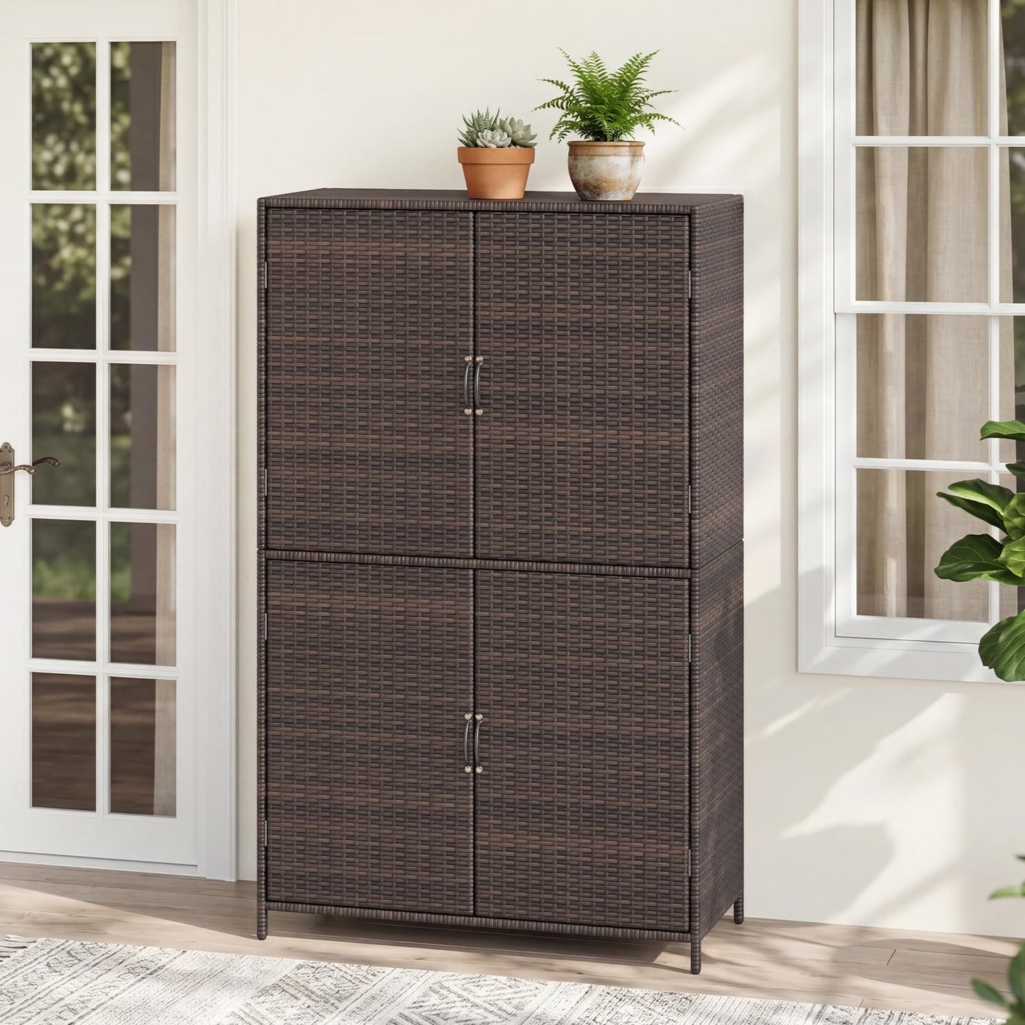 Tangkula Rattan Outdoor Storage Cabinet with 2 Adjustable Shelves