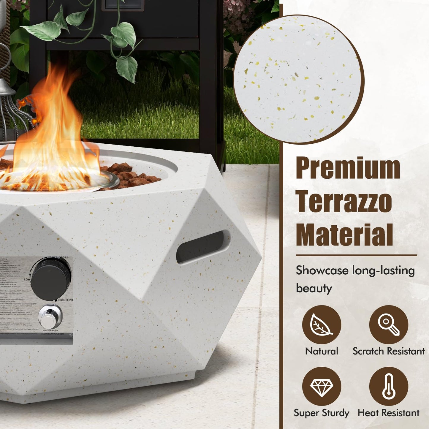 Ensemble table foyer propane Tangkula, braséro à gaz hexagonal en terrazzo de 28 po avec support de réservoir escamotable
