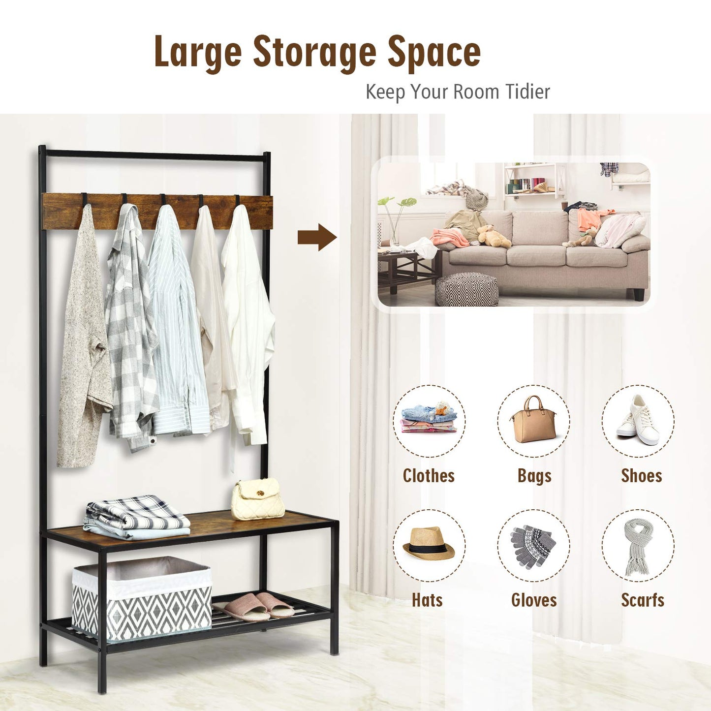Tangkula 3 In 1 Entryway Hall Tree with Coat Rack & Shoe Storage