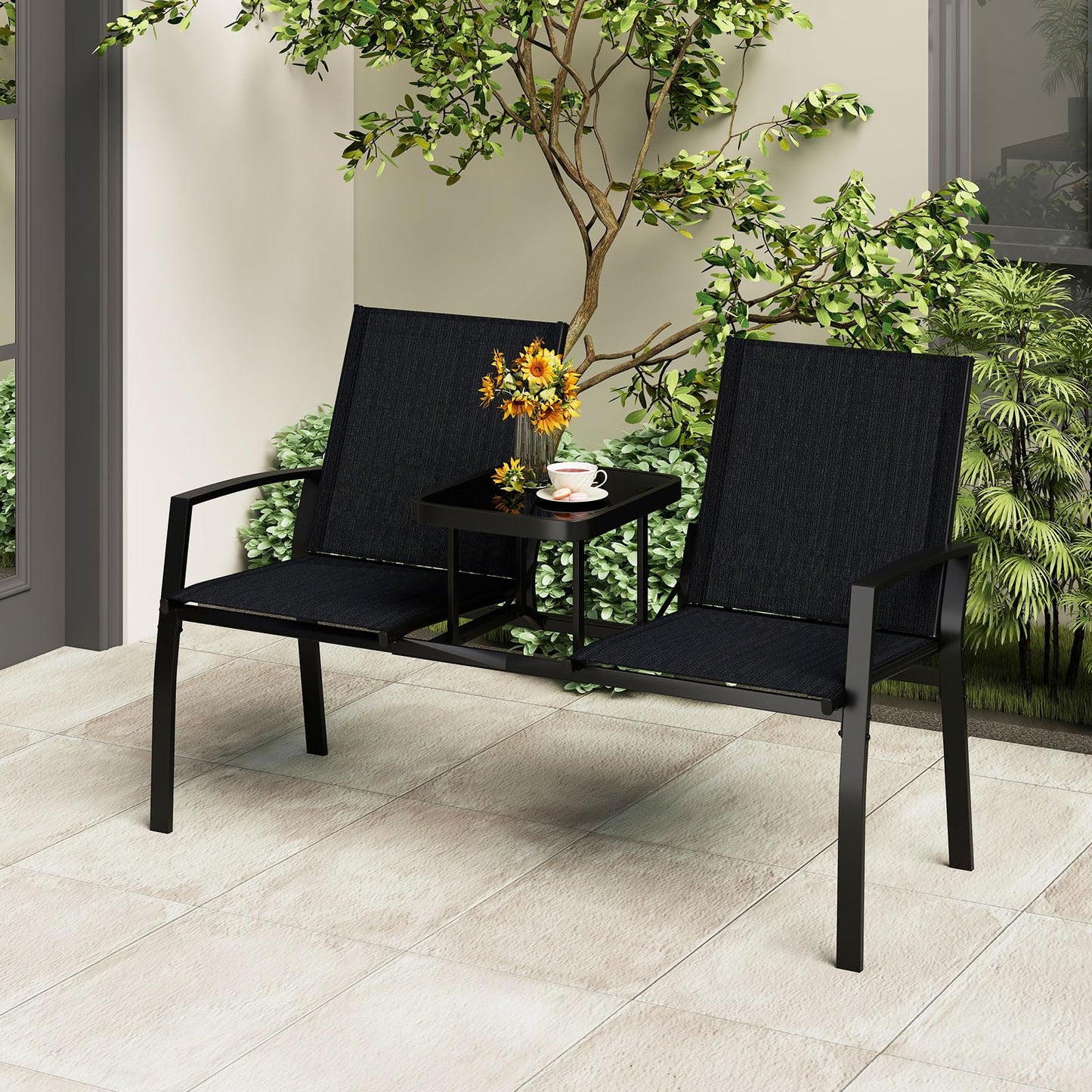 Tangkula Patio Loveseat with Built-in Table for Porch Backyard Garden