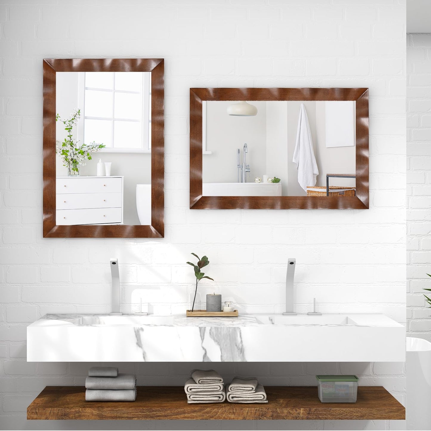 Tangkula 41.5" x 28" Farmhouse Wall Mirror, Rubber Wood Rustic Style Wall Mirror