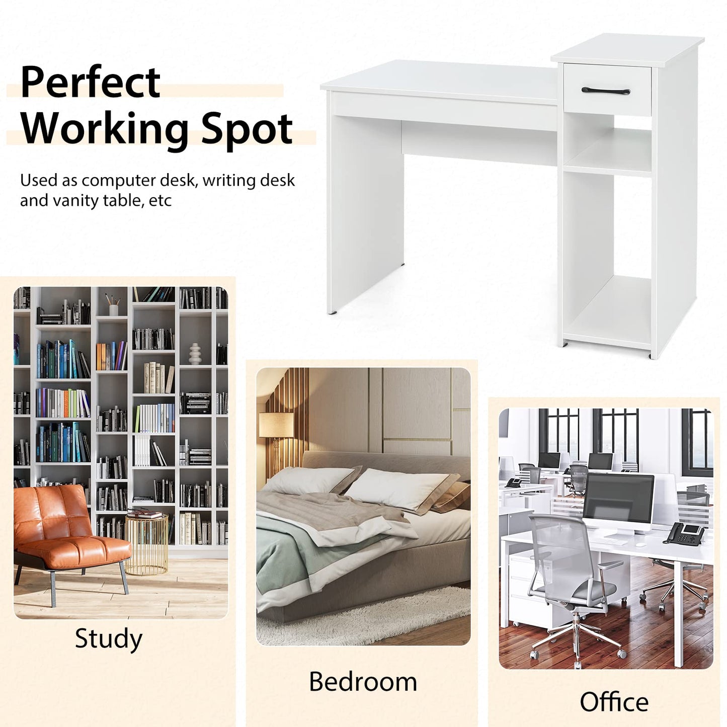 Tangkula White Desk with Drawer & CPU Stand