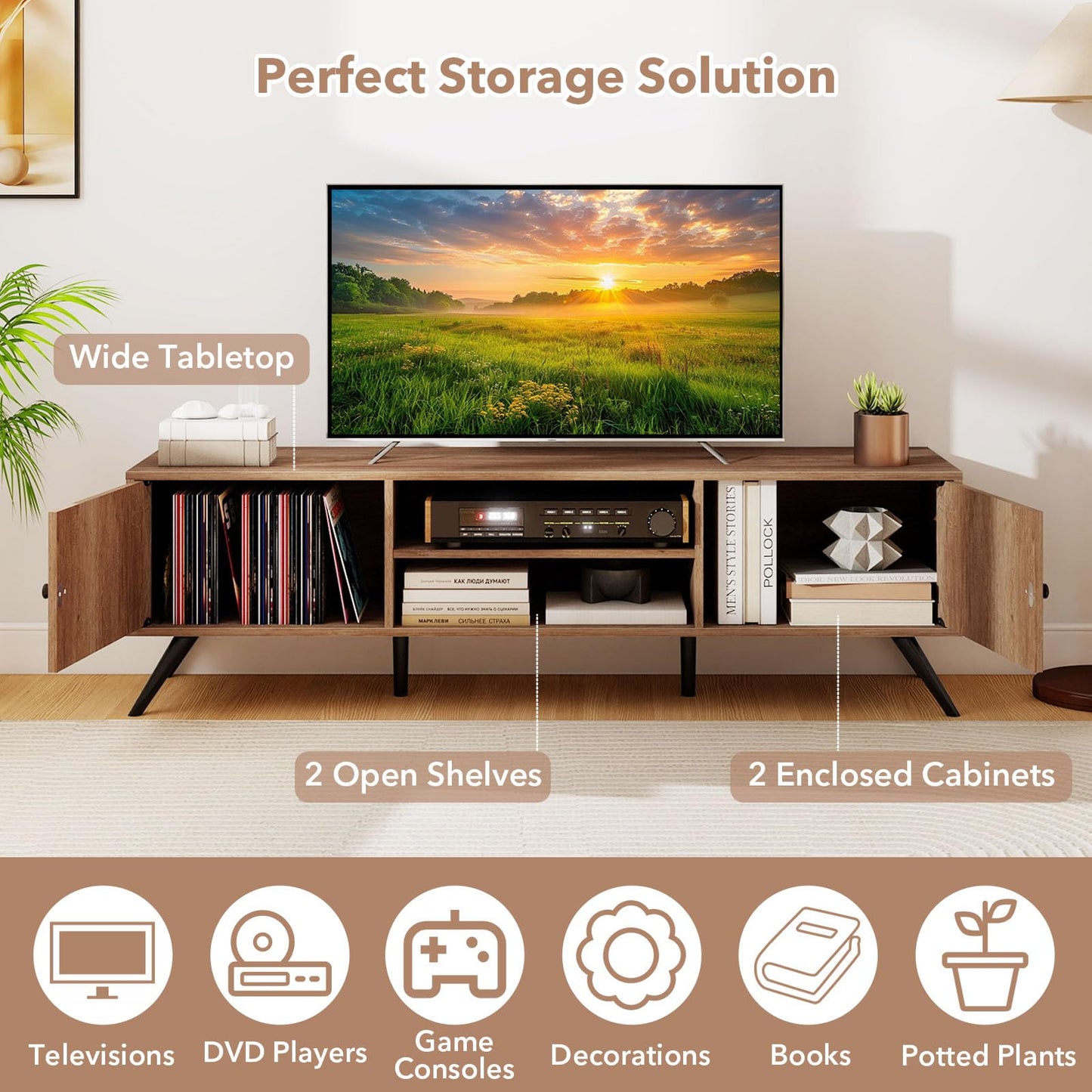 Tangkula 59” Long Media TV Stand with Cable Hole for Living Room