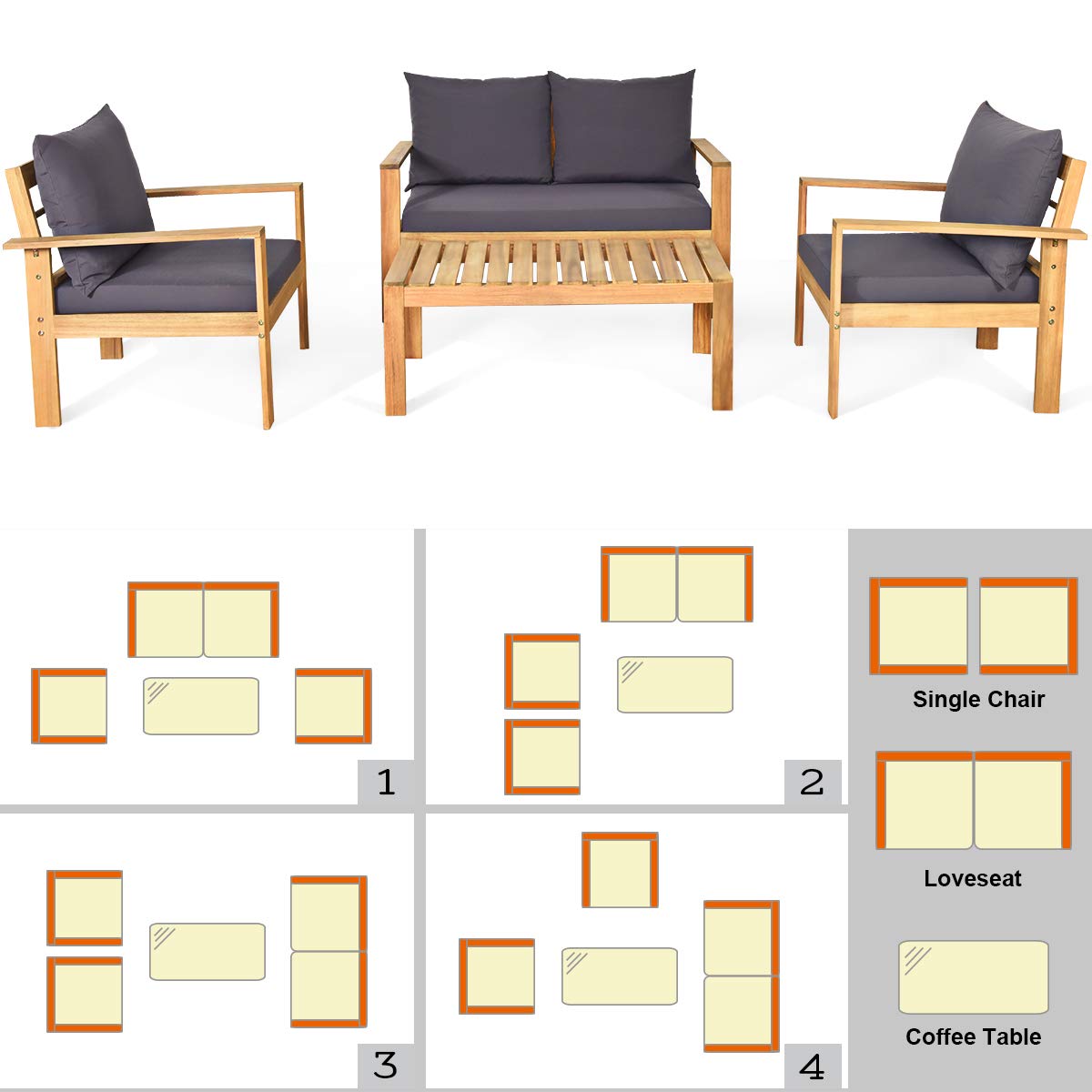 Tangkula Outdoor Conversation Sofa and Table Set with Water Resistant Cushions