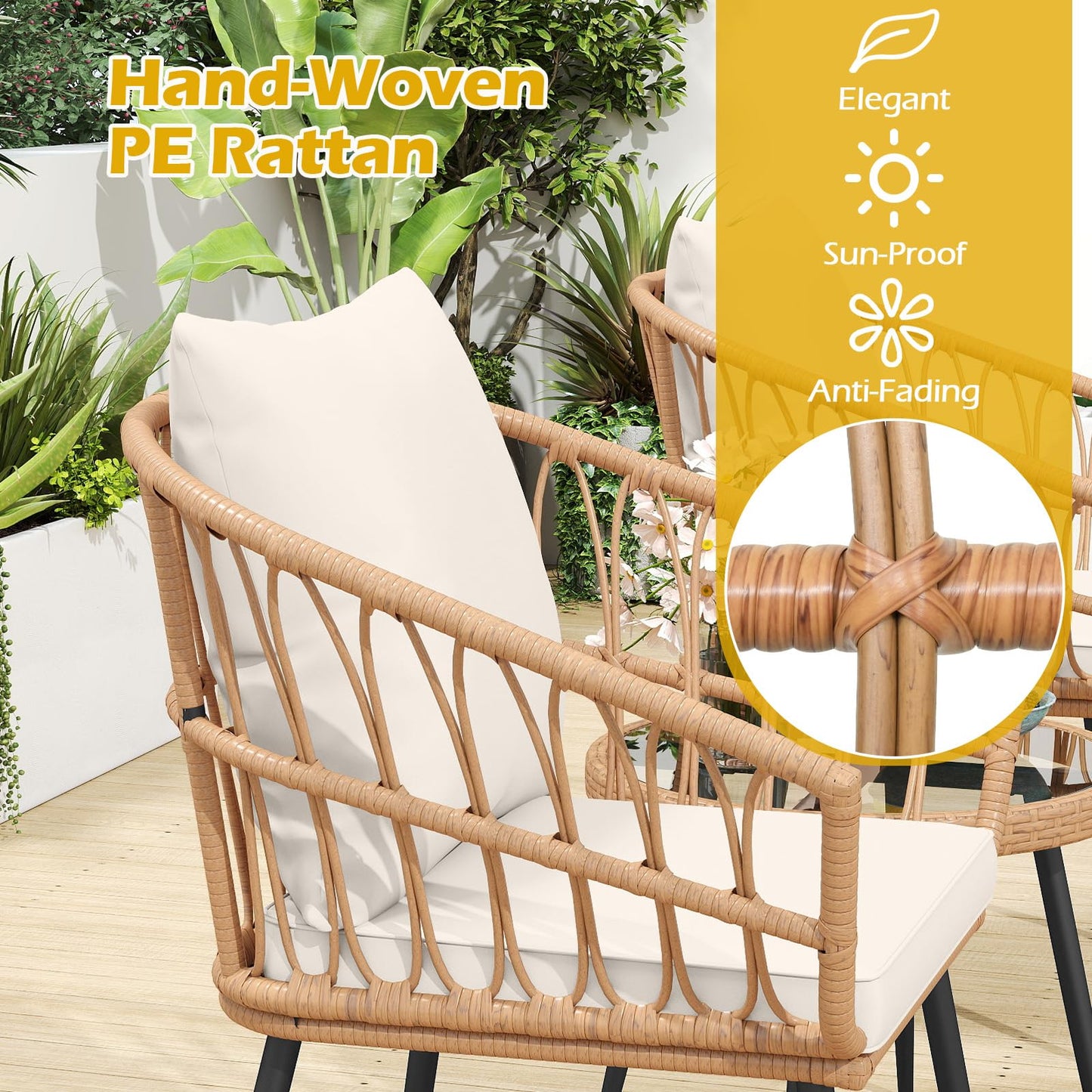 Tangkula 3 Piece Patio PE Rattan Conversation Chairs with Round Glass Table