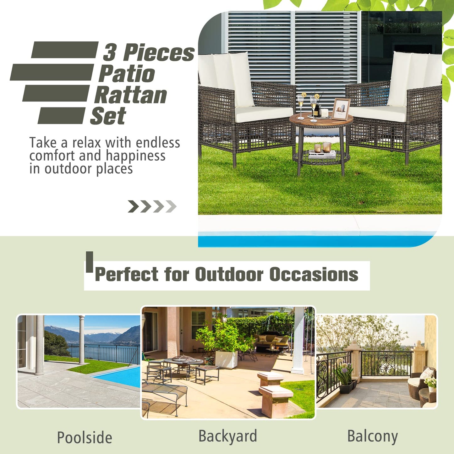 Tangkula 3 Piece Patio Conversation Set, Outdoor Rattan Chair Set W/ 2-Tier Coffee Table (Off White)