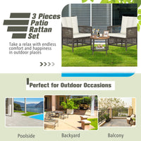 Tangkula 3 Piece Patio Conversation Set, Outdoor Rattan Chair Set W/ 2-Tier Coffee Table (Off White)