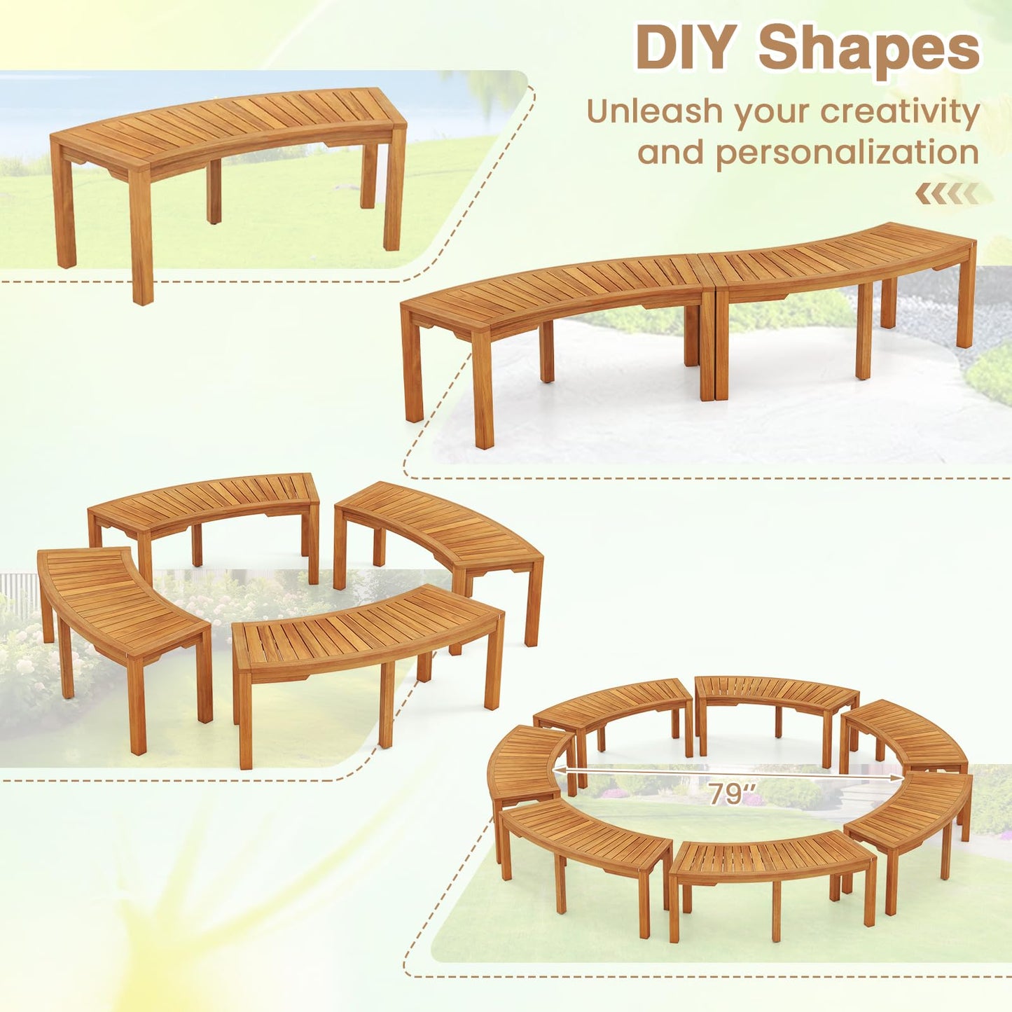 Tangkula Outdoor Acacia Wood Curved Garden Bench（1/2/4/7）