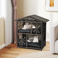 Niche pour chat Tangkula à 2 étages en osier, enclos pour chaton en rotin avec coussins amovibles