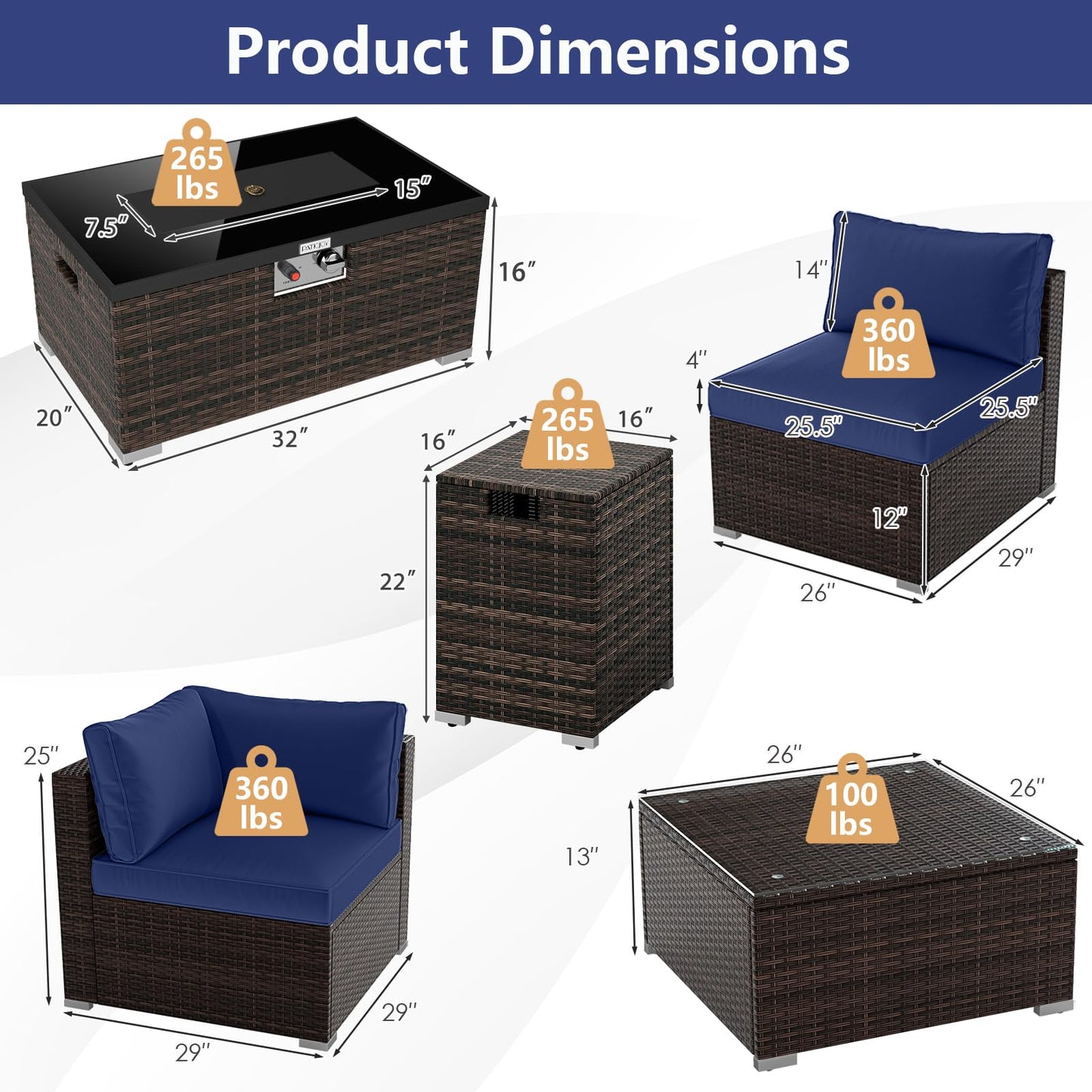 Tangkula 7 Pieces Wicker Patio Furniture Set with 40,000 BTU Gas Fire Pit Table & Propane Tank Cover Table & Glass Top Coffee Table