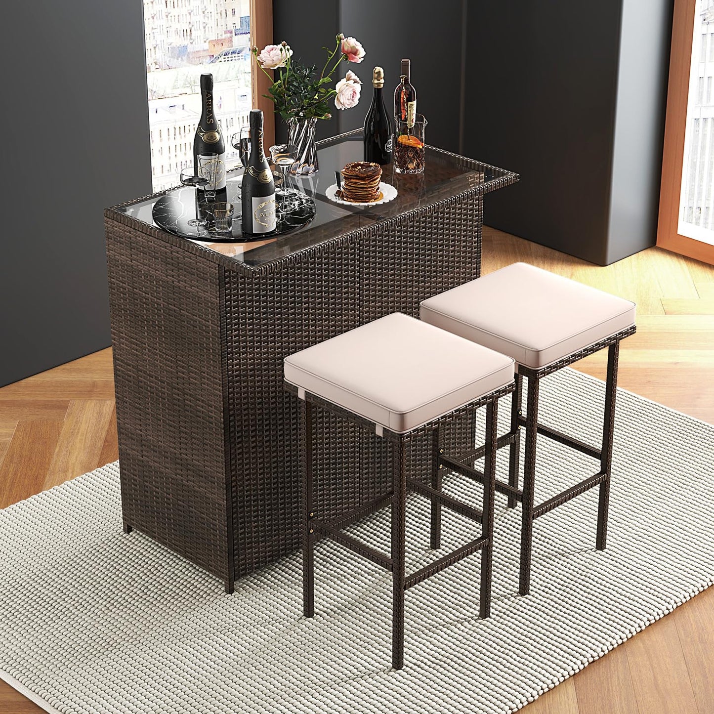 Tangkula 3 Pcs Patio Bar Set, Outdoor Rattan Bar Table and 2 Stools with Tempered Glass Tabletop, 2-Tier Storage