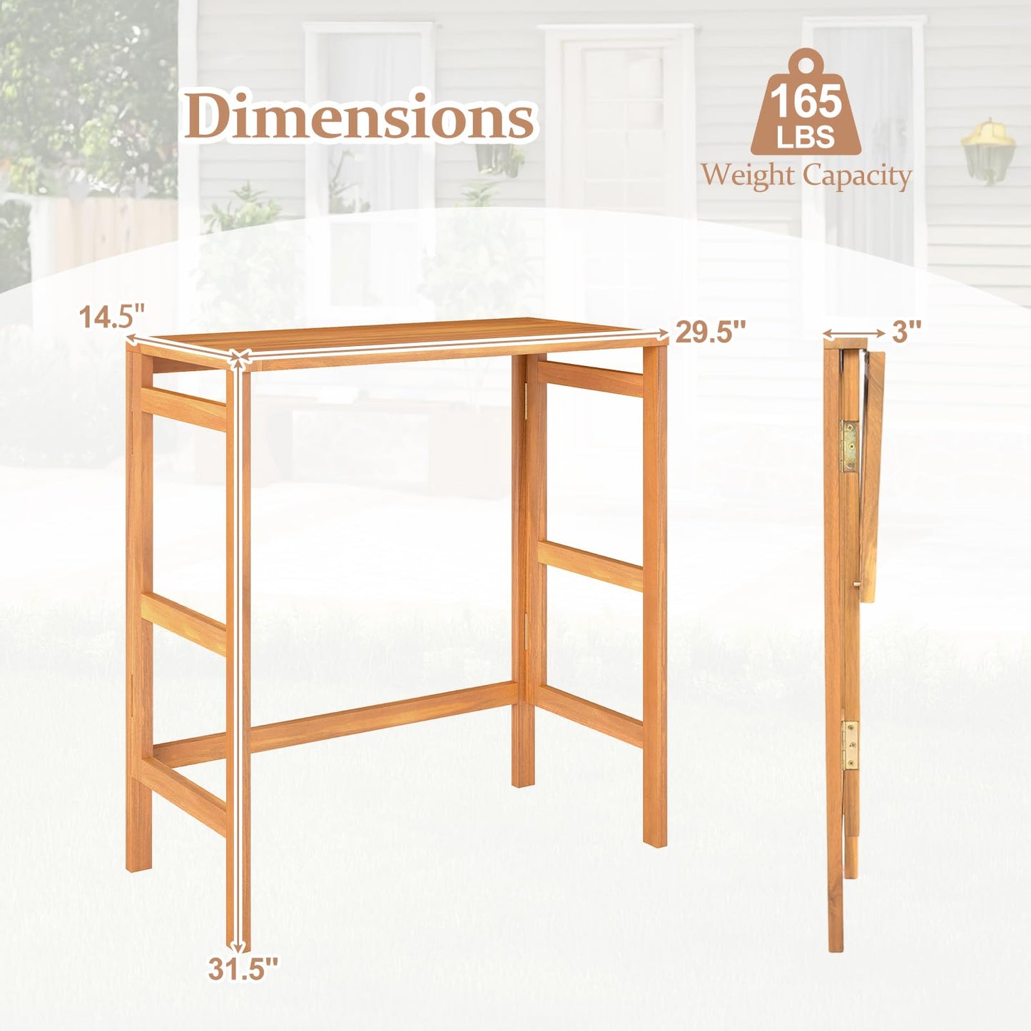 Table de bar pliante d'extérieur en bois d'acacia Tangkula
