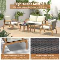 Tangkula 5 Piece Rattan Furniture Set, Patiojoy Wicker Sofa Set with Solid Acacia Wood Frame & 2 Tempered Glass Coffee Tables