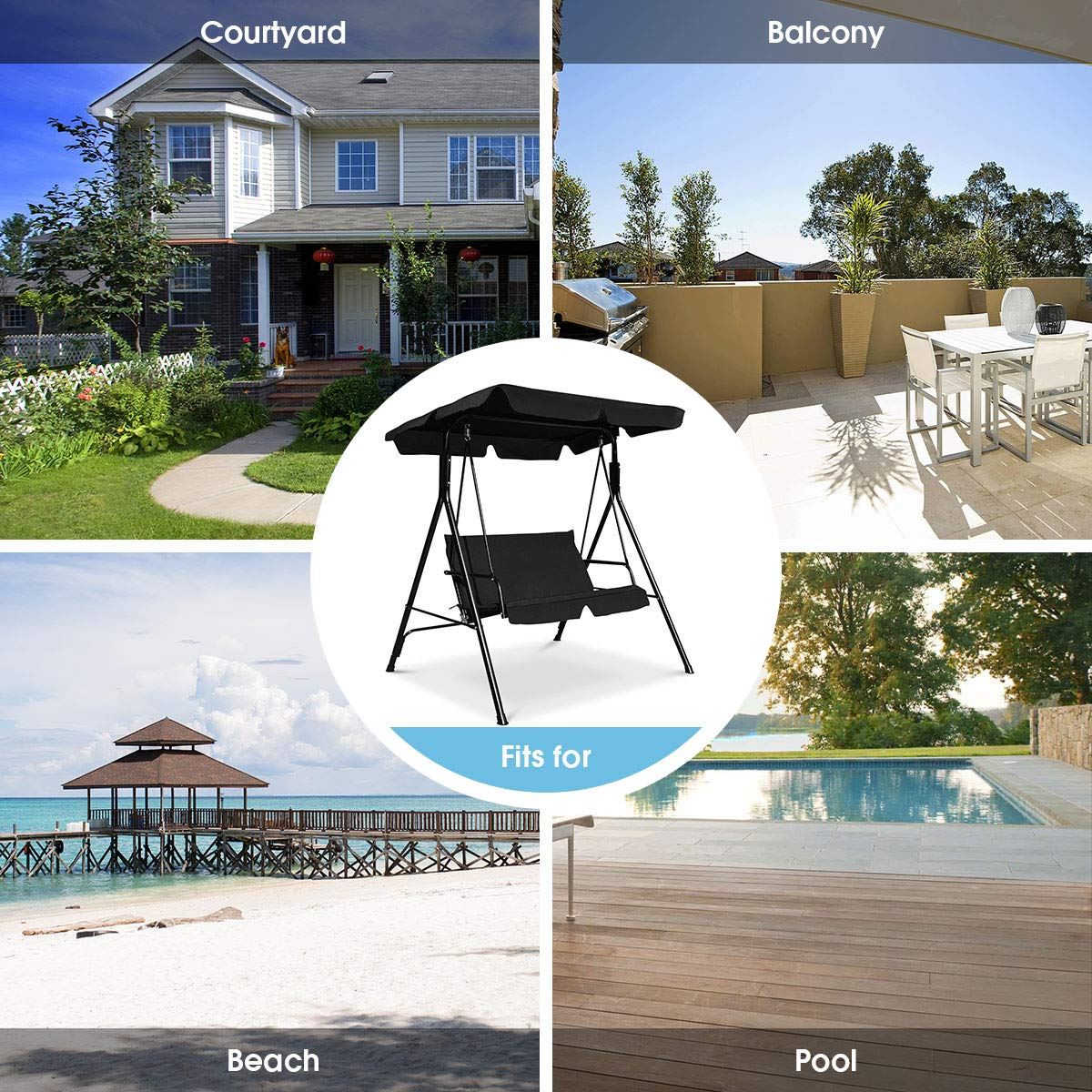 Tangkula 2-Person Patio Swing, Outdoor Yard Swing with Canopy & Cushion, Weather Resistant Steel Lounge Swing Chair
