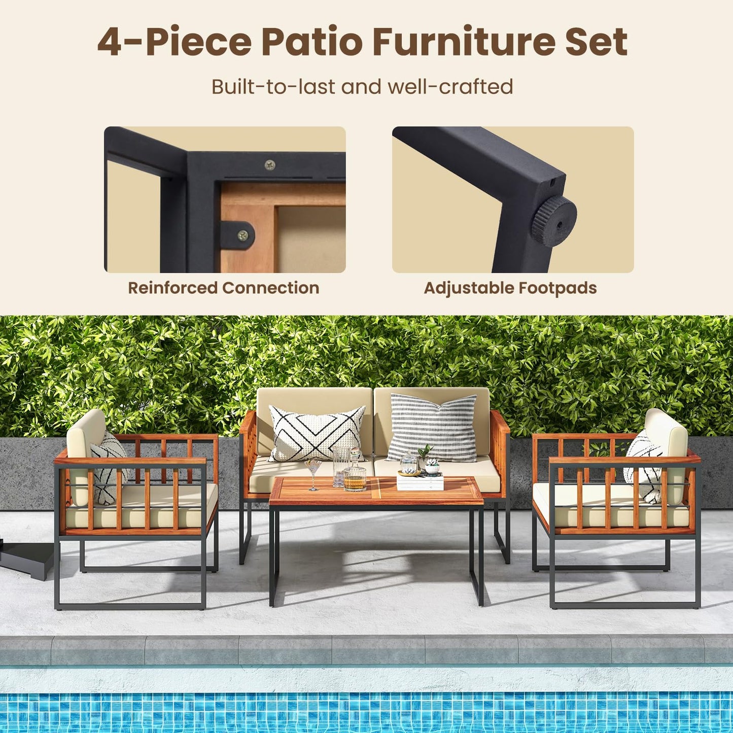 Tangkula Acacia Wood Outdoor Sofa Set, 4 Pieces Outdoor Furniture Set with Heavy Duty Metal Frame