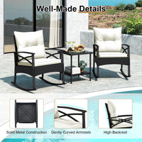 3 Pieces Rattan Outdoor Rocking Chairs Set with 2-Tier Tempered Glass Coffee Table