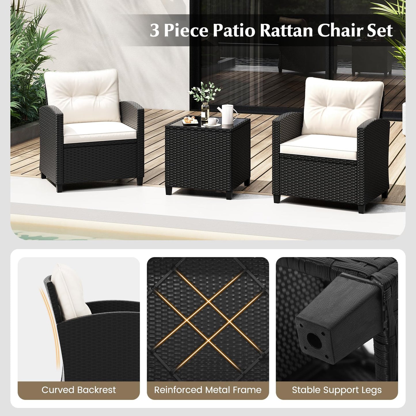Tangkula 3 Piece Patio Furniture Set, Rattan Conversation Set w/Soft Seat & Back Cushions