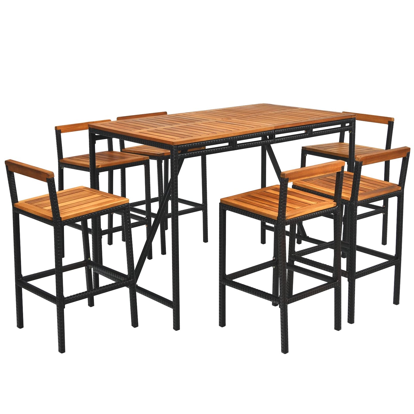 7-Piece Outdoor Acacia Wood Bar Set, Patiojoy Outdoor Rattan High-Dining 6 Bar Stools and 1 Rectangular Table with Umbrella Hole