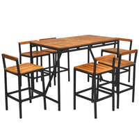 7-Piece Outdoor Acacia Wood Bar Set, Patiojoy Outdoor Rattan High-Dining 6 Bar Stools and 1 Rectangular Table with Umbrella Hole