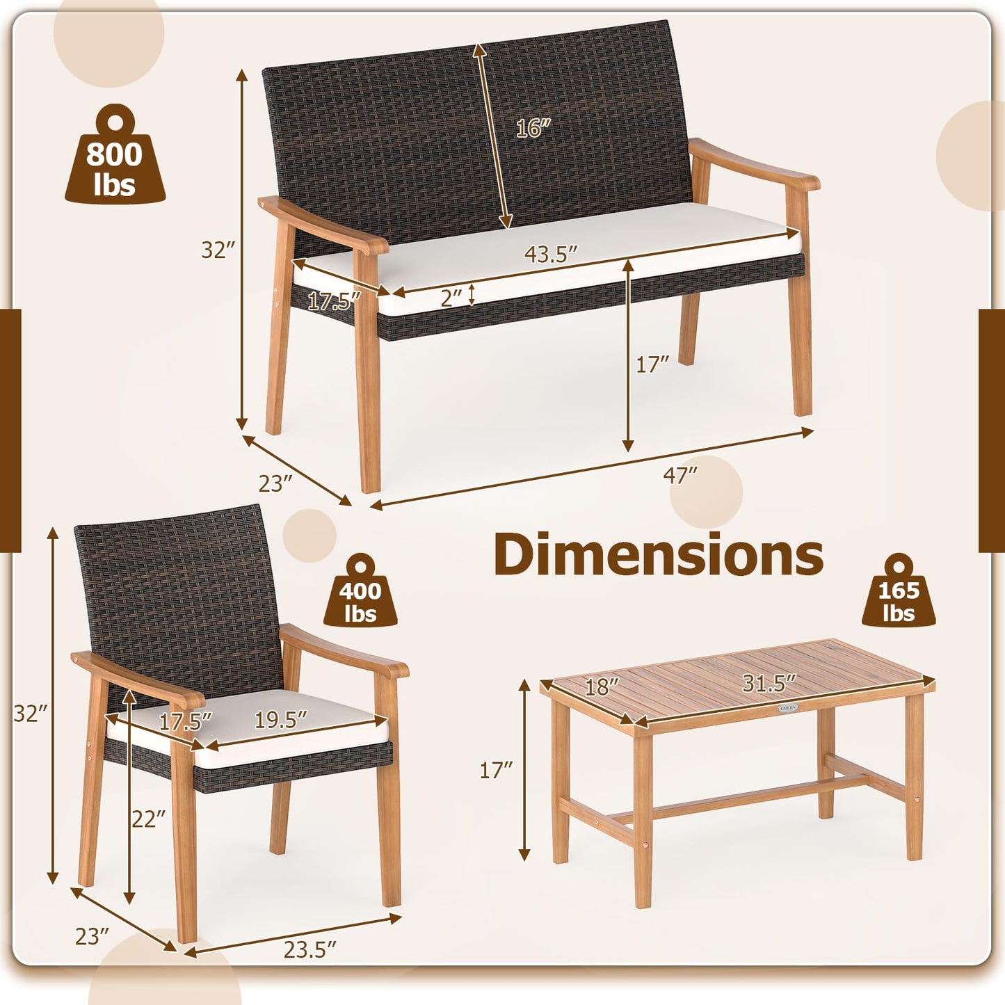 Chaises de conversation extérieures rembourrées en rotin PE Tangkula avec table basse en bois d'acacia