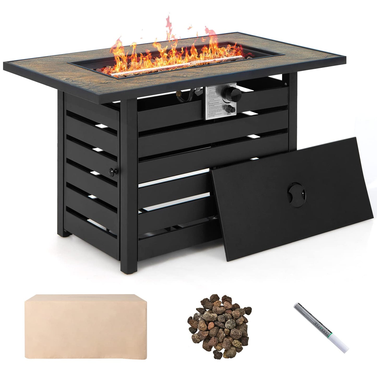 Tangkula 6-Piece Outdoor Wicker Conversation Set with 42 Inches Propane Fire Pit Table