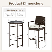 Tangkula Patio Rattan Heavy Duty Bar Height Glass Top Table & 2 Cushioned Barstools